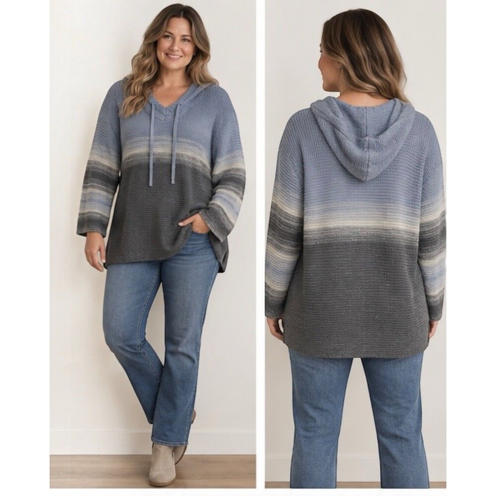J. Jill Women 2X Blue Gray Ombre Striped Knit Hoodie Sweater Cotton Blend